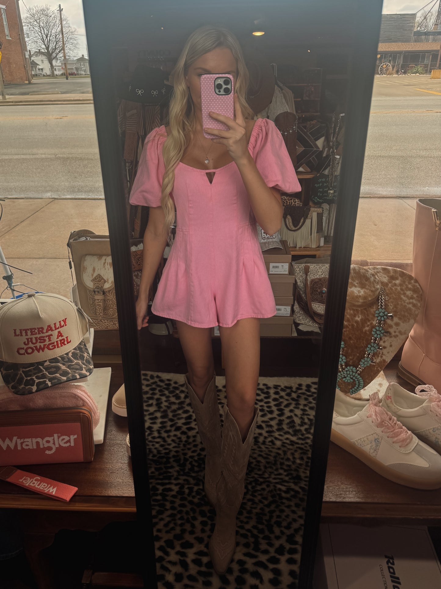 Pink denim romper