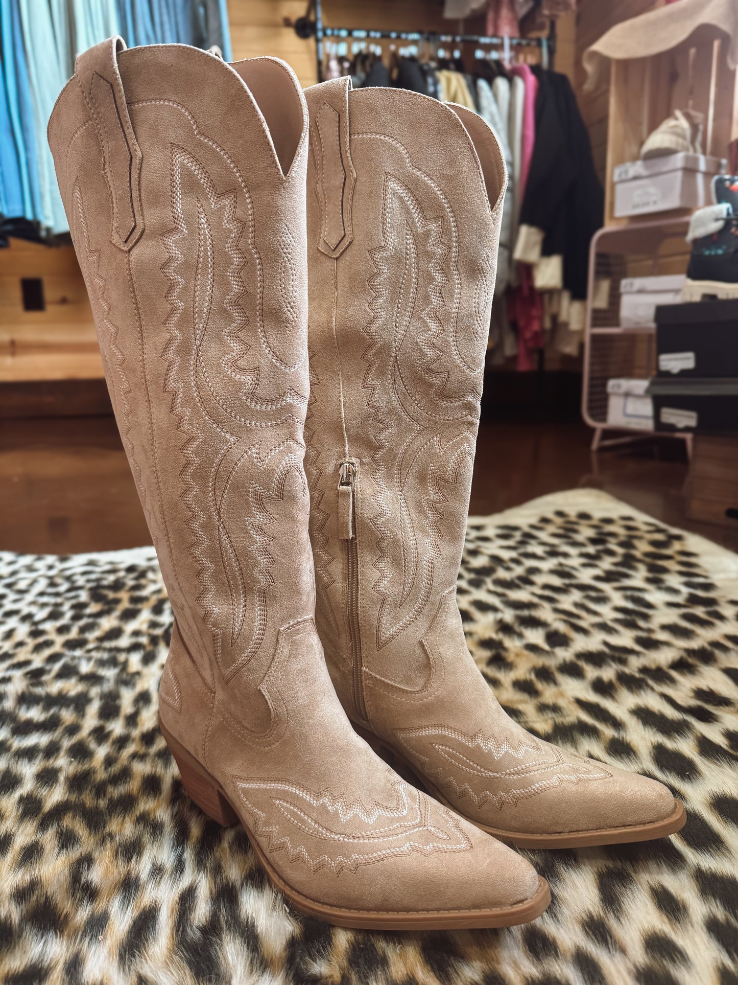 Beige suede cowgirl boot
