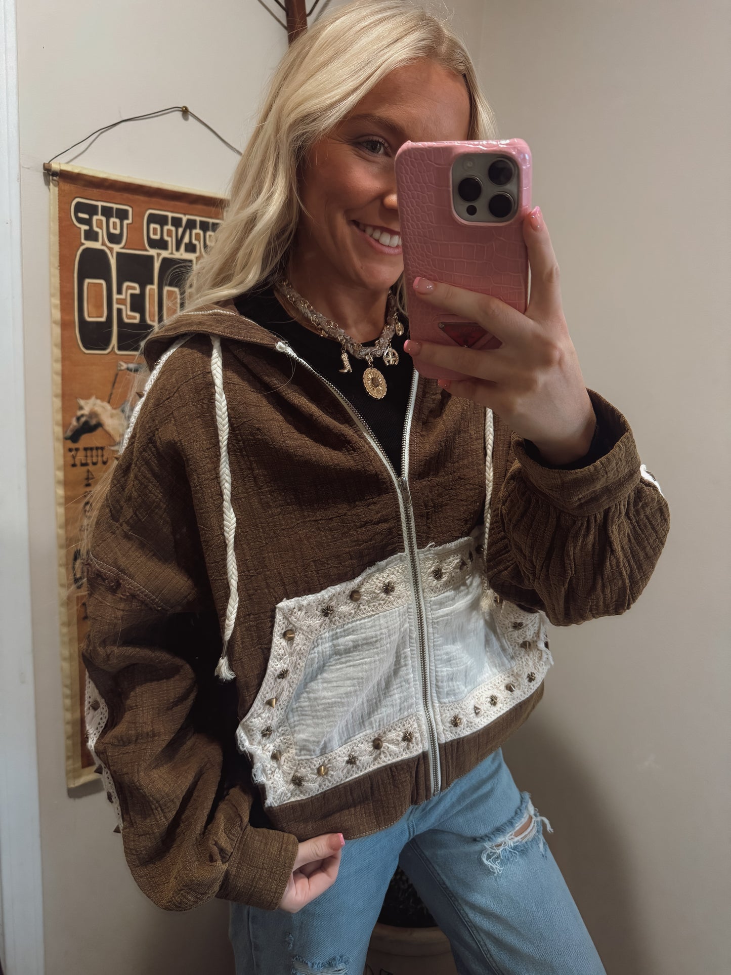Brown stud zip up