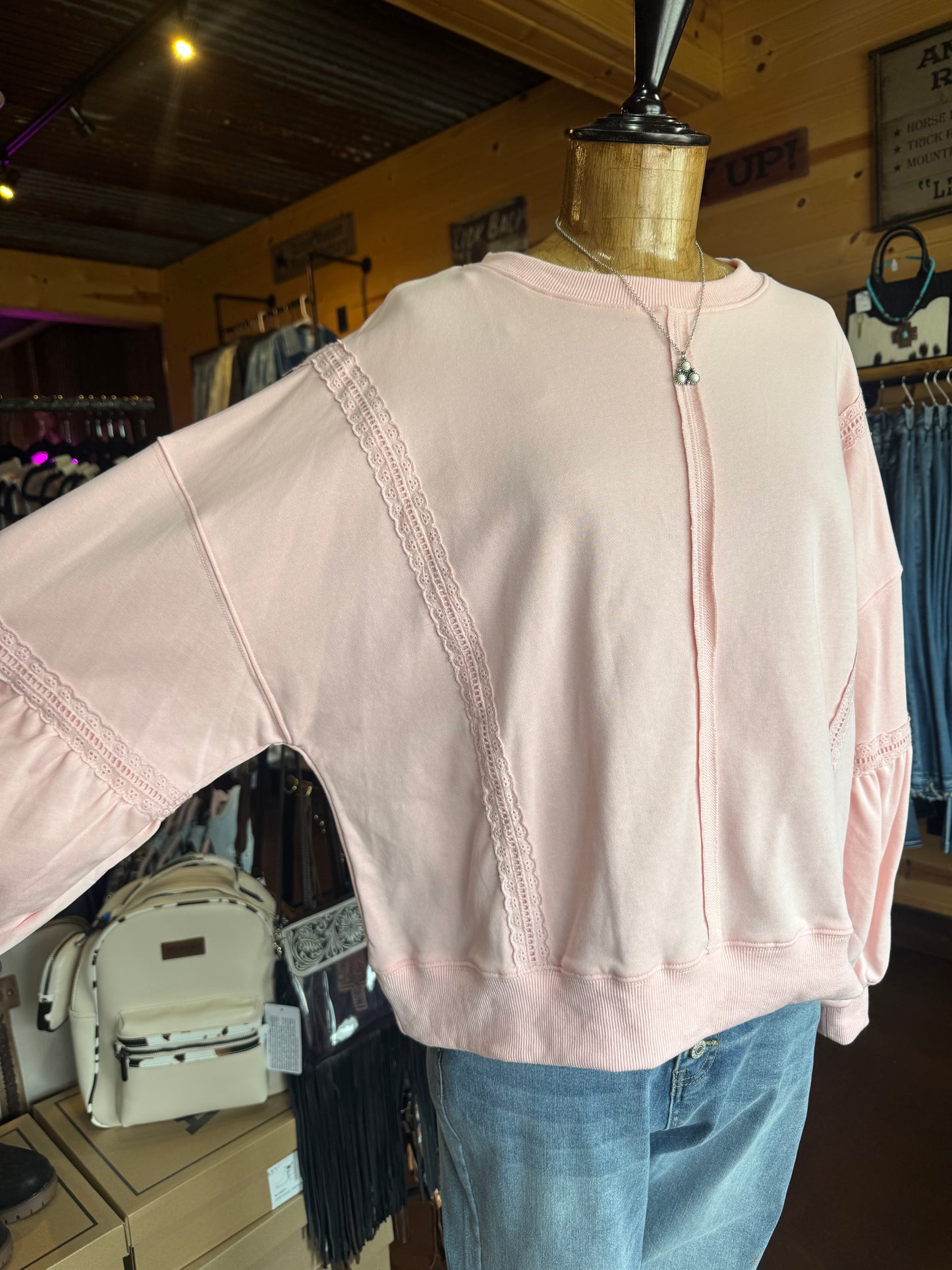 Pink lace detailed pullover