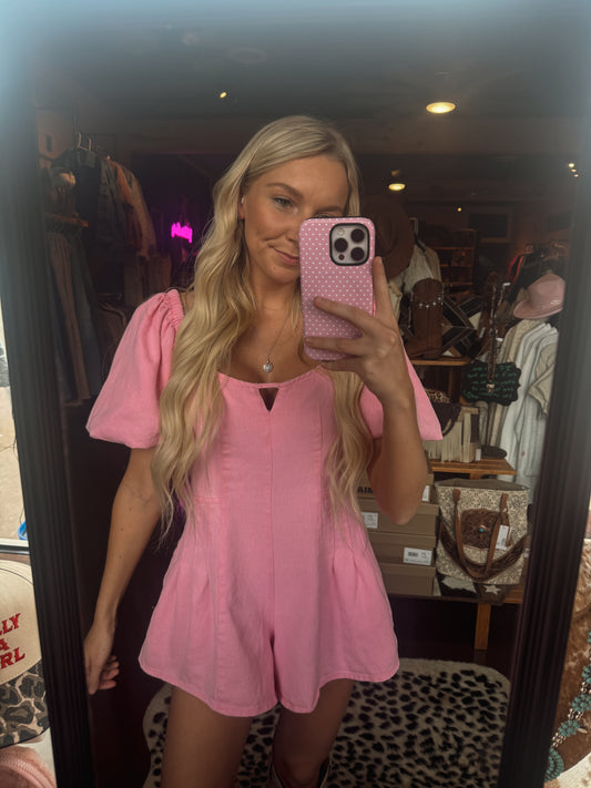 Pink denim romper