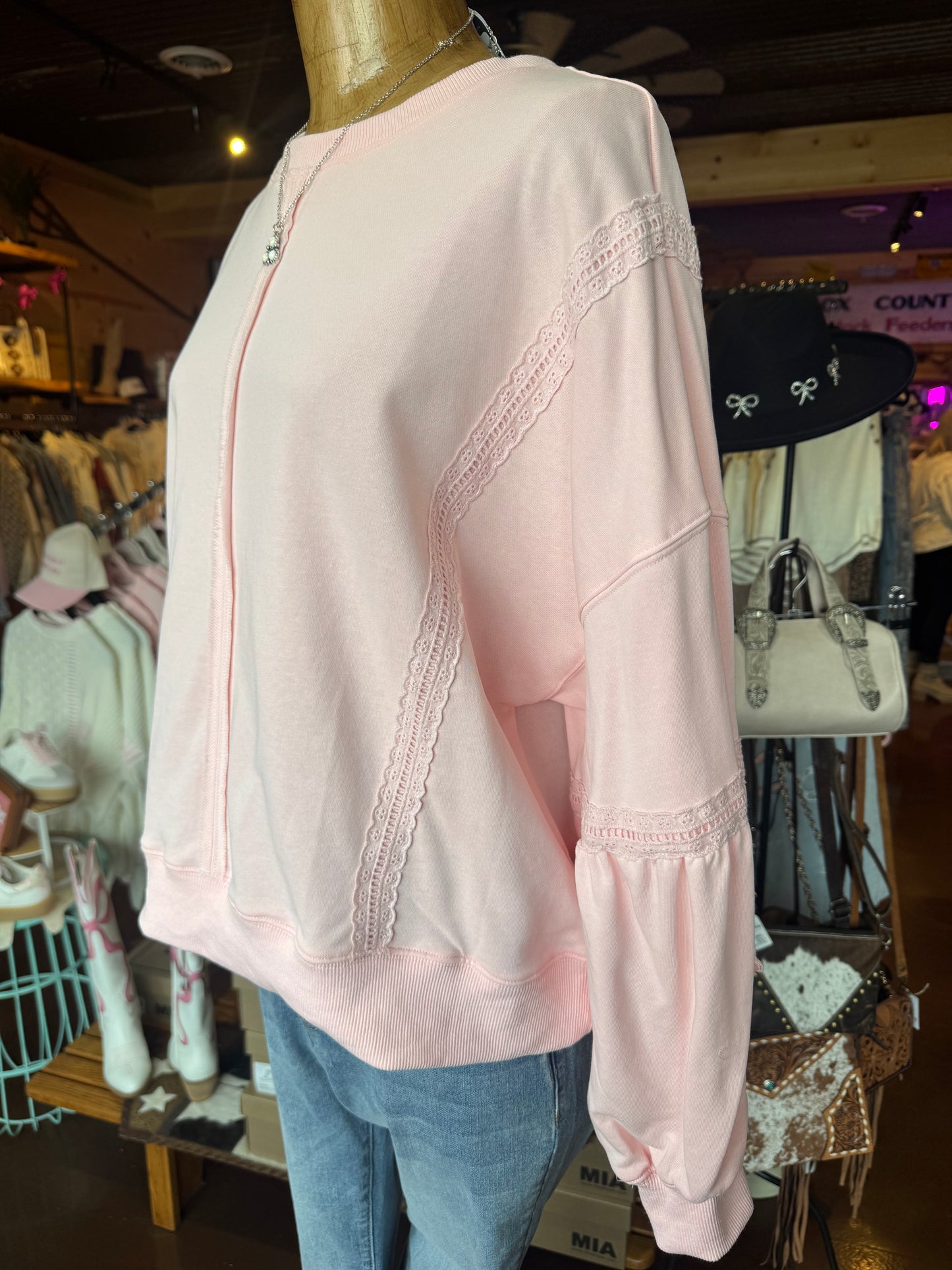 Pink lace detailed pullover