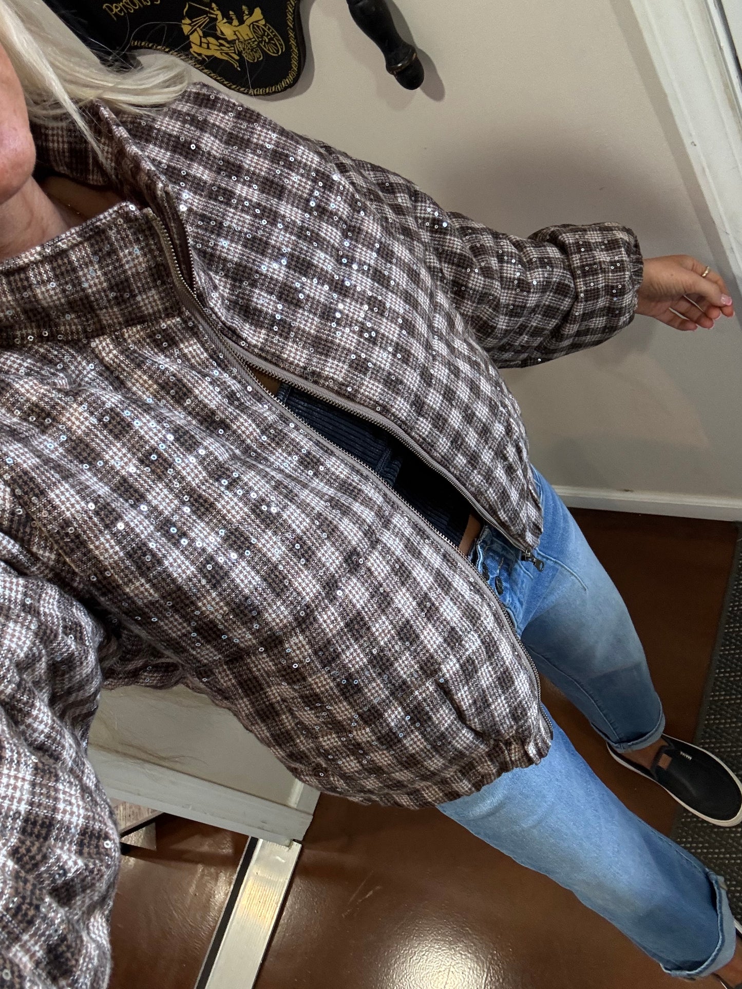 Sequin plaid crop puffer