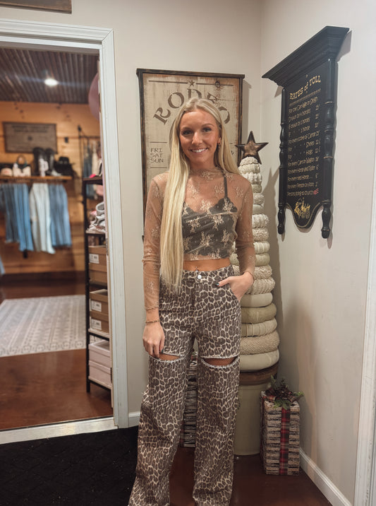 Cheetah rhinestone slit jeans