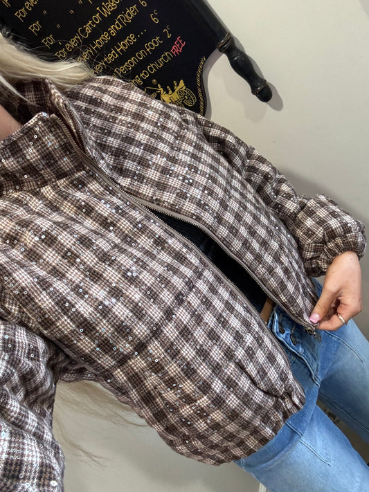 Sequin plaid crop puffer