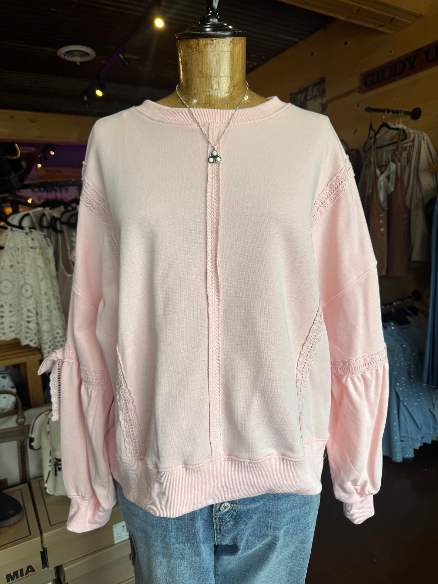 Pink lace detailed pullover
